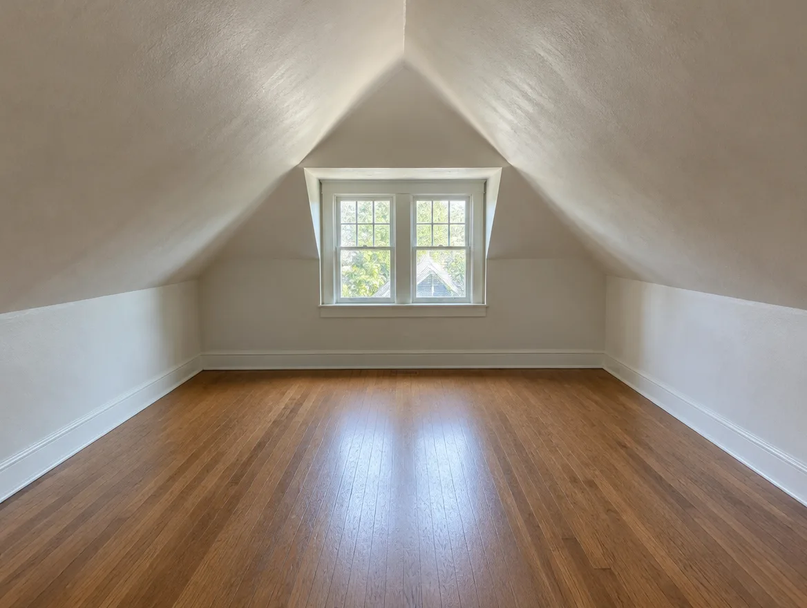 Knee-walled half story under the sloped roof of a one-and-a-half-story Craftsman house, with a dormer window at the end