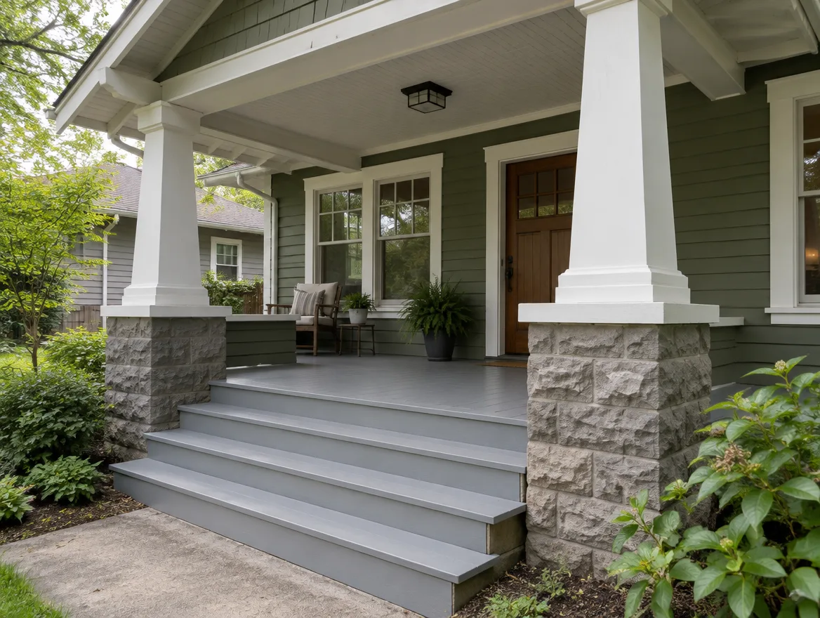 Front porch decking, steps and square tapered columns on textured concrete block piers of a Craftsman bungalow