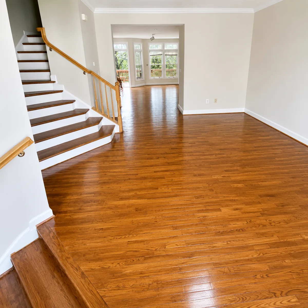 Refinished oak flooring running from a staircase with a wood railing through to a bright room beyond